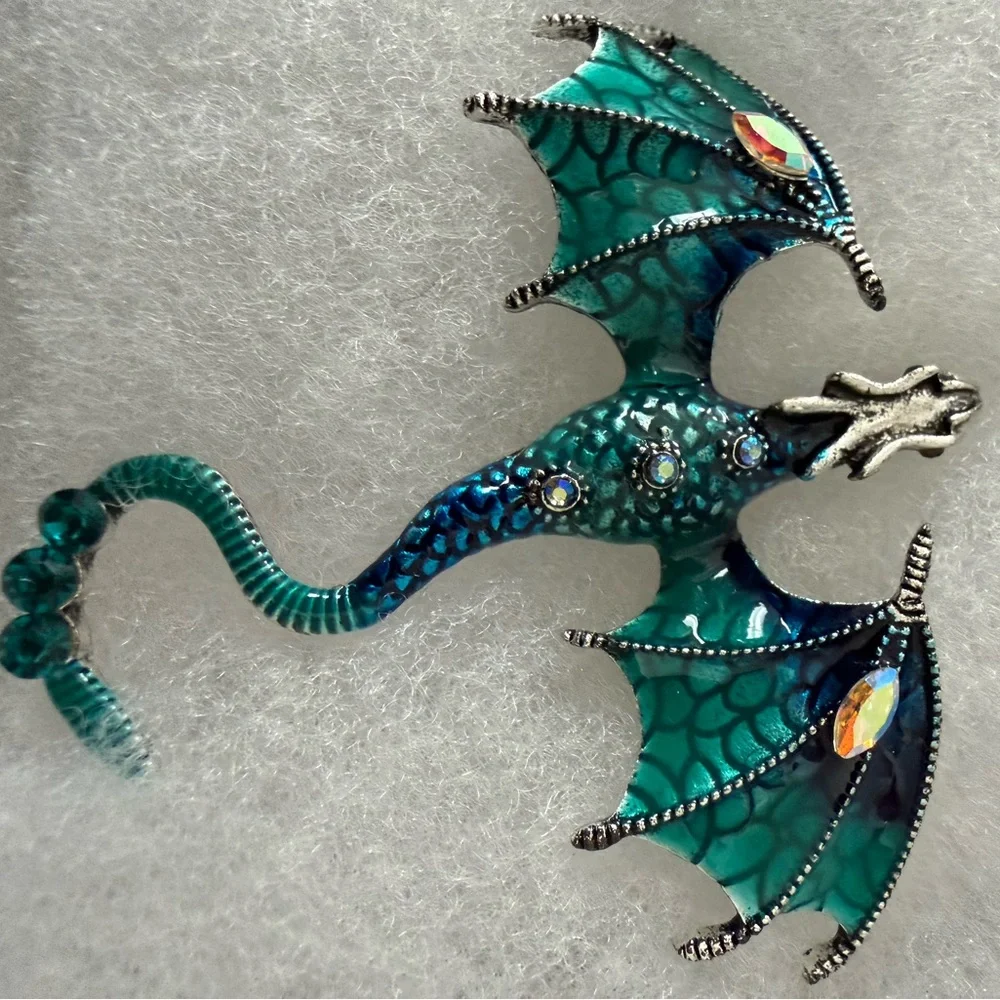 Enchanted Teal and Blue Dragon Crystal Brooch